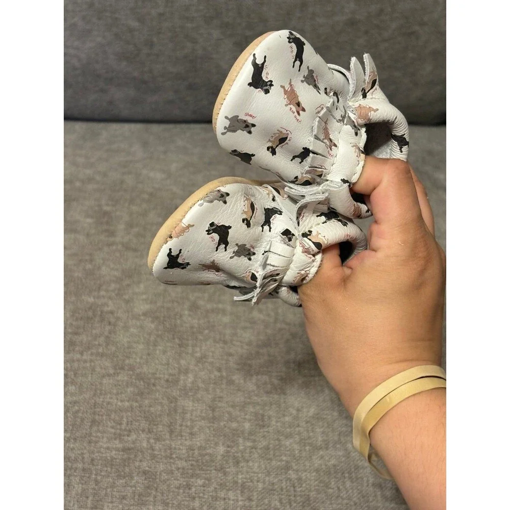 Freshly Picked White with playful french bulldog print Leather moccasins Size 2